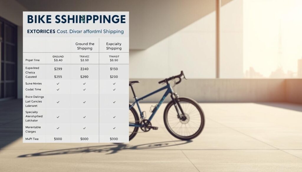 A detailed cost comparison chart dominates the foreground, showcasing ground, expedited, and specialty shipping options for bike transport. The chart features clear pricing, transit times, and delivery icons, rendered in a clean, infographic style with a neutral color palette. In the middle ground, a well-lit photo of a bicycle stands, casting subtle shadows and highlighting the details of the bike. The background depicts a minimalist urban landscape, with simple architectural elements and a soft, diffused lighting that sets a calm, professional tone. The overall composition conveys a sense of informative utility, guiding the viewer through the key considerations for affordable bike shipping. A detailed cost comparison chart dominates the foreground, showcasing ground, expedited, and specialty shipping options for bike transport. The chart features clear pricing, transit times, and delivery icons, rendered in a clean, infographic style with a neutral color palette. In the middle ground, a well-lit photo of a bicycle stands, casting subtle shadows and highlighting the details of the bike. The background depicts a minimalist urban landscape, with simple architectural elements and a soft, diffused lighting that sets a calm, professional tone. The overall composition conveys a sense of informative utility, guiding the viewer through the key considerations for affordable bike shipping.