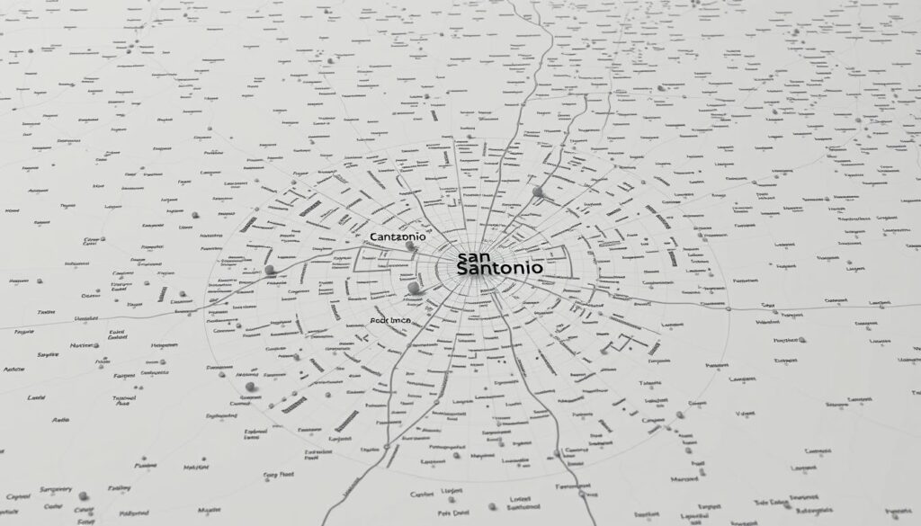 A detailed map of San Antonio, showcasing its diverse neighborhoods, suburbs, and zip codes. The map is rendered in a clean, minimalist style with a muted color palette, conveying a sense of professionalism and reliability. The foreground features the city's major landmarks and transportation hubs, while the middle ground highlights the various residential and commercial areas. The background depicts the surrounding suburbs and their respective zip codes, providing a comprehensive view of the San Antonio region. The lighting is soft and diffused, creating a warm and inviting atmosphere. The camera angle is slightly elevated, offering a bird's-eye perspective that emphasizes the map's clarity and comprehensive coverage.