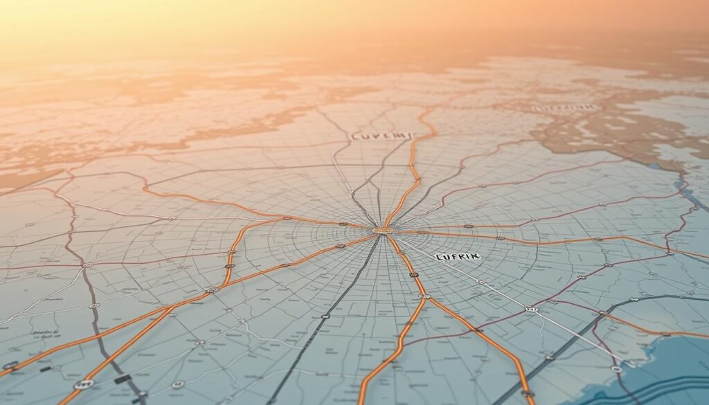 A detailed map of service coverage routes radiating from Lufkin, Texas. The foreground depicts a network of interconnected highways and roads, with clearly marked routes and directions. The middle ground shows the geographic region surrounding Lufkin, with distinct landmarks and terrain features. The background features a subtle gradient of warm colors, creating a sense of depth and atmosphere. The lighting is soft and natural, casting gentle shadows that enhance the depth and dimensionality of the scene. The camera angle is slightly elevated, providing an aerial perspective that showcases the comprehensive transportation infrastructure serving the Lufkin area. A detailed map of service coverage routes radiating from Lufkin, Texas. The foreground depicts a network of interconnected highways and roads, with clearly marked routes and directions. The middle ground shows the geographic region surrounding Lufkin, with distinct landmarks and terrain features. The background features a subtle gradient of warm colors, creating a sense of depth and atmosphere. The lighting is soft and natural, casting gentle shadows that enhance the depth and dimensionality of the scene. The camera angle is slightly elevated, providing an aerial perspective that showcases the comprehensive transportation infrastructure serving the Lufkin area.