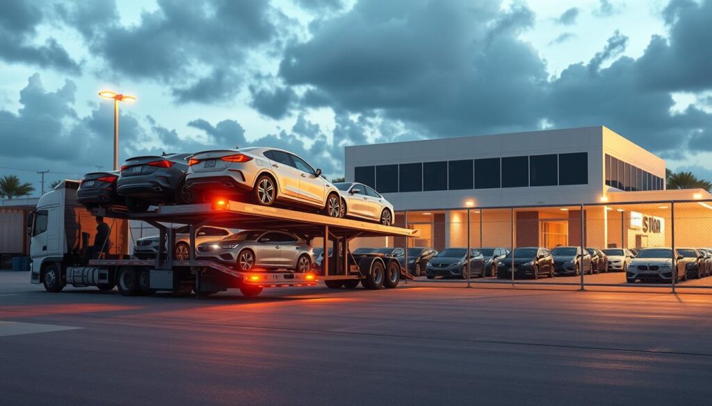 A detailed, photorealistic image of a car shipping services facility in Hallandale Beach, Florida. In the foreground, a car carrier truck is loading several vehicles onto its deck, its hydraulic ramps extended. The middle ground shows the facility's secure fenced-in parking lot, with rows of cars neatly arranged. In the background, a modern two-story office building with the company's logo prominently displayed. Bright, warm lighting illuminates the scene, creating a sense of professionalism and reliability. The overall atmosphere conveys a well-organized, trustworthy, and customer-focused car shipping operation. A detailed, photorealistic image of a car shipping services facility in Hallandale Beach, Florida. In the foreground, a car carrier truck is loading several vehicles onto its deck, its hydraulic ramps extended. The middle ground shows the facility's secure fenced-in parking lot, with rows of cars neatly arranged. In the background, a modern two-story office building with the company's logo prominently displayed. Bright, warm lighting illuminates the scene, creating a sense of professionalism and reliability. The overall atmosphere conveys a well-organized, trustworthy, and customer-focused car shipping operation.