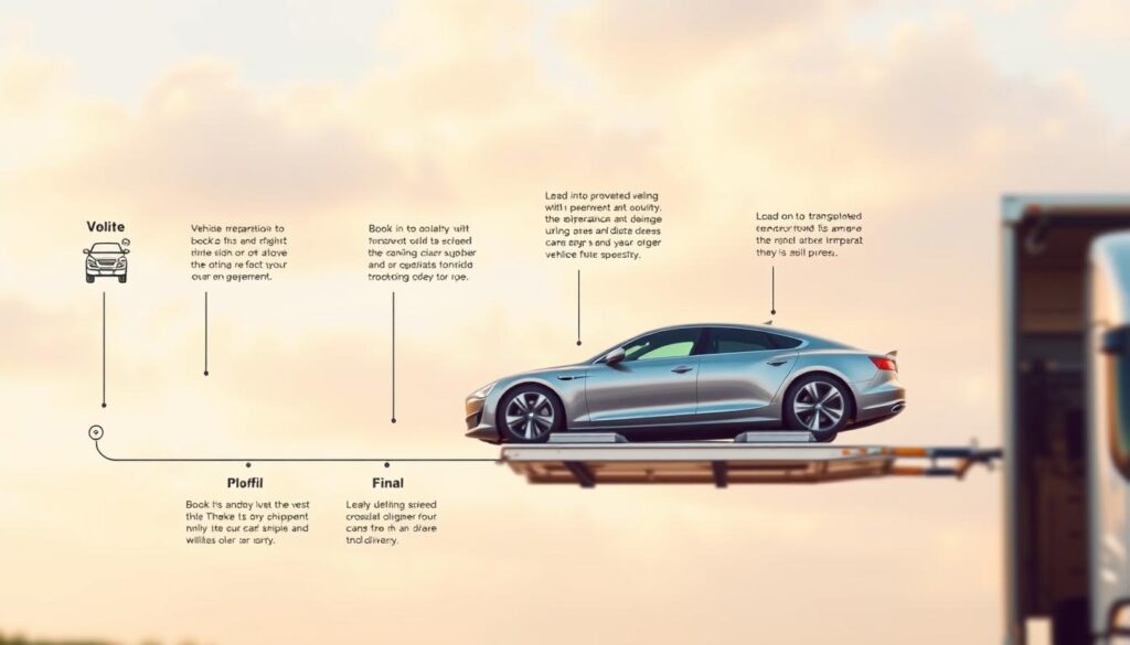 A detailed timeline diagram depicting the key stages of car shipping, set against a softly blurred background. In the foreground, various icons and symbols represent the different phases, such as vehicle preparation, booking the shipment, loading onto the transport, and final delivery. The middle ground features a sleek, modern car being lifted onto a specialized carrier, with clean lines and a sense of motion. The background blends warm lighting and a gently clouded sky, creating a professional, informative atmosphere. The overall composition guides the viewer's eye through the shipping process in a clear, visually compelling manner. A detailed timeline diagram depicting the key stages of car shipping, set against a softly blurred background. In the foreground, various icons and symbols represent the different phases, such as vehicle preparation, booking the shipment, loading onto the transport, and final delivery. The middle ground features a sleek, modern car being lifted onto a specialized carrier, with clean lines and a sense of motion. The background blends warm lighting and a gently clouded sky, creating a professional, informative atmosphere. The overall composition guides the viewer's eye through the shipping process in a clear, visually compelling manner.