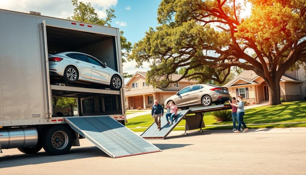 A door-to-door car shipping service in Kyle, TX, under a warm, sunny sky. In the foreground, a large car carrier truck is parked on a residential street, its hydraulic ramps extended to load a sedan onto the upper deck. The truck's sleek, metallic exterior gleams in the light. In the middle ground, a family waves goodbye as their vehicle is carefully loaded. The background features well-maintained homes, lush green lawns, and towering oak trees, creating a picturesque suburban setting. The scene conveys a sense of trust, professionalism, and the convenience of door-to-door auto transport. A door-to-door car shipping service in Kyle, TX, under a warm, sunny sky. In the foreground, a large car carrier truck is parked on a residential street, its hydraulic ramps extended to load a sedan onto the upper deck. The truck's sleek, metallic exterior gleams in the light. In the middle ground, a family waves goodbye as their vehicle is carefully loaded. The background features well-maintained homes, lush green lawns, and towering oak trees, creating a picturesque suburban setting. The scene conveys a sense of trust, professionalism, and the convenience of door-to-door auto transport.