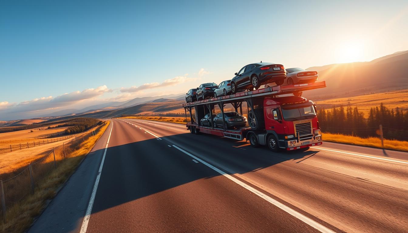 A dramatic wide-angle view of a vast, open highway stretching across the American landscape, with a massive car carrier truck transporting numerous vehicles of various makes and models. The truck is illuminated by warm, golden sunlight casting long shadows, conveying a sense of scale and the vast distances covered by the nationwide auto transport service. The background features rolling hills, lush forests, and a cloudless, azure sky, creating a serene and picturesque setting. The composition emphasizes the sheer size and scope of the nationwide coverage, capturing the essence of the "Shipping To and From Every State" section.
