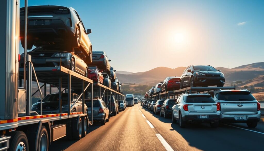 A fleet of car carriers transporting a variety of automobiles on a busy highway. The foreground features several large, heavy-duty car hauler trucks with multiple car decks, expertly maneuvering through traffic. The middle ground showcases a diverse selection of cars, from sedans and SUVs to pickup trucks, securely fastened and ready for transport. The background depicts a scenic vista of rolling hills, a clear blue sky, and the sun casting a warm, golden glow over the scene, conveying a sense of reliable, efficient, and trustworthy car shipping services. A fleet of car carriers transporting a variety of automobiles on a busy highway. The foreground features several large, heavy-duty car hauler trucks with multiple car decks, expertly maneuvering through traffic. The middle ground showcases a diverse selection of cars, from sedans and SUVs to pickup trucks, securely fastened and ready for transport. The background depicts a scenic vista of rolling hills, a clear blue sky, and the sun casting a warm, golden glow over the scene, conveying a sense of reliable, efficient, and trustworthy car shipping services.