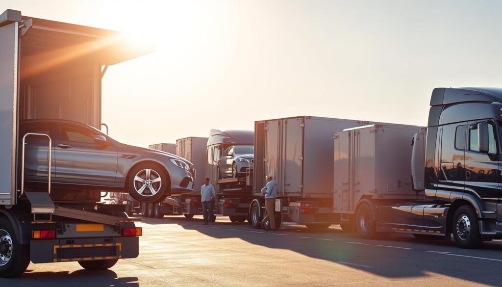 A fleet of gleaming, state-of-the-art car carrier trucks parked in a spacious, well-lit lot. In the foreground, a car is being expertly loaded onto the open deck, its driver overseeing the process with a satisfied nod. The middle ground features several other trucks, their cargo securely fastened, ready to embark on their journeys. In the background, the sun casts a warm glow over the scene, reflecting off the meticulously maintained vehicles, conveying a sense of professionalism and reliability. The overall atmosphere exudes efficiency, attention to detail, and a commitment to delivering vehicles safely to their destinations.