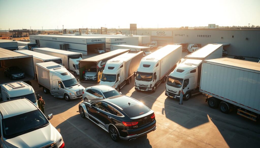 A fleet of modern, well-maintained transport trucks in a bustling Duncanville auto transport yard. The trucks are showcased in a wide, high-angle shot, with a mixture of open and enclosed carriers. The foreground depicts the loading and unloading of vehicles, with car owners and transport staff interacting. The background features the company's signage, office buildings, and other supporting infrastructure, conveying a sense of professionalism and reliability. Warm, natural lighting illuminates the scene, casting long shadows and highlighting the vehicles' sleek designs. The overall atmosphere exudes efficiency, expertise, and a commitment to delivering exceptional auto transport services tailored to the needs of Duncanville drivers.