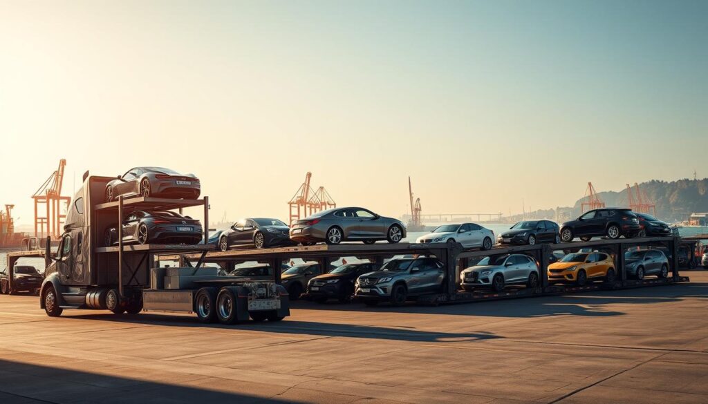 A fleet of robust car shipping carriers in a pristine, well-lit harbor. In the foreground, a massive semi-trailer truck with multiple levels for transporting a diverse array of vehicles, its metallic finish gleaming under the warm, golden sunlight. In the middle ground, a row of specialized car carriers, their hydraulic ramps extended, efficiently loading and unloading automobiles of various makes and models. In the background, a panoramic view of the harbor, with cranes, cargo ships, and a picturesque coastal landscape, creating a dynamic, industrial-yet-scenic atmosphere. The scene conveys a sense of efficiency, reliability, and the specialized expertise required to safely and securely transport valuable automobiles. A fleet of robust car shipping carriers in a pristine, well-lit harbor. In the foreground, a massive semi-trailer truck with multiple levels for transporting a diverse array of vehicles, its metallic finish gleaming under the warm, golden sunlight. In the middle ground, a row of specialized car carriers, their hydraulic ramps extended, efficiently loading and unloading automobiles of various makes and models. In the background, a panoramic view of the harbor, with cranes, cargo ships, and a picturesque coastal landscape, creating a dynamic, industrial-yet-scenic atmosphere. The scene conveys a sense of efficiency, reliability, and the specialized expertise required to safely and securely transport valuable automobiles.