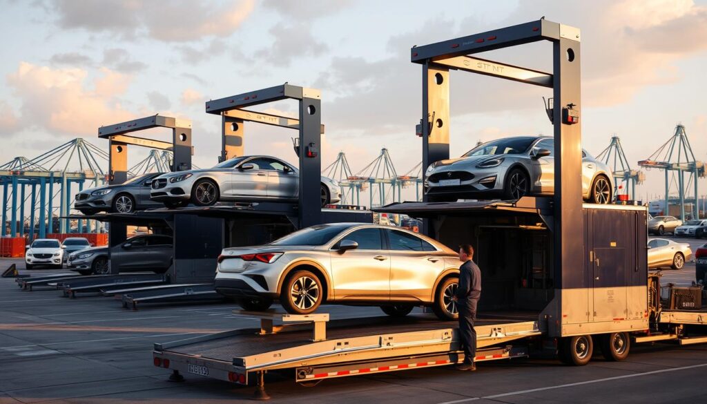 A fleet of towering vehicle shipping carriers, their massive frames and hydraulic lifts standing tall against a backdrop of a bustling Homestead port. The carriers, painted in a sleek combination of silver and navy blue, are meticulously maintained, each one ready to safely transport a variety of automobiles. The scene is illuminated by the warm glow of the afternoon sun, casting soft shadows and highlighting the intricate details of the carriers' design. In the foreground, a lone car is being carefully loaded onto one of the carriers, its owner watching with a sense of relief and trust in the skilled hands of the Best Car Shipping Inc. team.