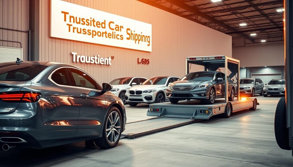 A fleet of well-maintained, modern car carriers in a secure, well-lit loading yard. In the foreground, a shiny, newly washed luxury sedan is being carefully loaded onto a carrier using a hydraulic lift. The middle ground features several carriers in different stages of loading, their drivers meticulously ensuring each vehicle is secured. In the background, the facility's signage prominently displays "Trusted Car Shipping Services" in a clean, professional font. Warm, diffused lighting casts a sense of reliability and trust, while the overall composition conveys a seamless, efficient auto transport operation. A fleet of well-maintained, modern car carriers in a secure, well-lit loading yard. In the foreground, a shiny, newly washed luxury sedan is being carefully loaded onto a carrier using a hydraulic lift. The middle ground features several carriers in different stages of loading, their drivers meticulously ensuring each vehicle is secured. In the background, the facility's signage prominently displays "Trusted Car Shipping Services" in a clean, professional font. Warm, diffused lighting casts a sense of reliability and trust, while the overall composition conveys a seamless, efficient auto transport operation.