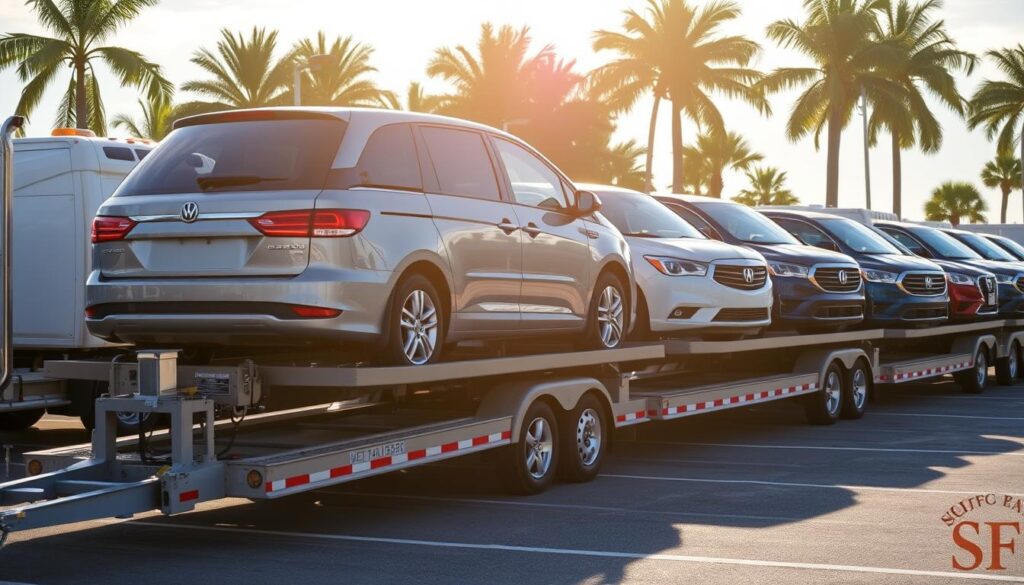 A fleet of well-maintained, professional-grade vehicle carriers stands ready in a sun-dappled lot, their gleaming chrome and fresh paint reflecting the warm, coastal atmosphere of Fort Myers. The carriers' robust frames and expertly secured tie-down systems inspire confidence, conveying the trusted expertise of an auto transport company committed to safeguarding precious cargo. Meticulously cleaned and expertly serviced, these carriers embody the care and attention to detail that distinguishes a reliable, customer-focused service in the heart of Florida's Gulf Coast region.