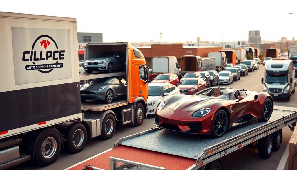 A fleet of well-maintained semi-trucks, their trailers emblazoned with the logo of a reputable auto shipping company, stands ready to transport a diverse array of vehicles. In the foreground, a gleaming sports car is carefully loaded onto one of the trailers, its curves and lines captured by a wide-angle lens. The middle ground features a mix of sedans, SUVs, and pickup trucks, all secured with precision. In the background, the bustling streets of Alamo, Texas, provide a vibrant urban backdrop, hinting at the destination for these carefully transported automobiles. Warm, diffused lighting casts a soft glow, conveying a sense of professionalism and care in the auto shipping process. A fleet of well-maintained semi-trucks, their trailers emblazoned with the logo of a reputable auto shipping company, stands ready to transport a diverse array of vehicles. In the foreground, a gleaming sports car is carefully loaded onto one of the trailers, its curves and lines captured by a wide-angle lens. The middle ground features a mix of sedans, SUVs, and pickup trucks, all secured with precision. In the background, the bustling streets of Alamo, Texas, provide a vibrant urban backdrop, hinting at the destination for these carefully transported automobiles. Warm, diffused lighting casts a soft glow, conveying a sense of professionalism and care in the auto shipping process.