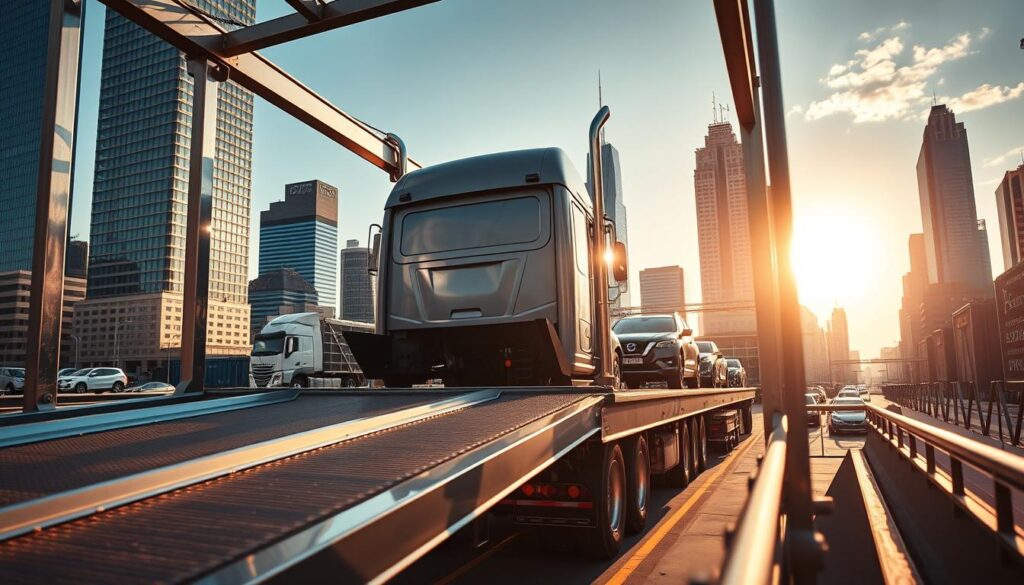 A gleaming auto transport truck, its metallic frame glinting in the warm afternoon sun, stands poised to ferry a line of shiny new vehicles across the city skyline. In the foreground, the truck's hydraulic ramps are extended, ready to securely load and unload the cars. The middle ground features the truck's cab, its bold design and tinted windows conveying a sense of power and efficiency. In the background, the urban landscape unfolds, with towering skyscrapers and a bustling city street setting the stage for this essential transportation service. The scene is captured with a cinematic wide-angle lens, creating a sense of depth and scale, while soft, directional lighting casts dramatic shadows, enhancing the industrial aesthetic. A gleaming auto transport truck, its metallic frame glinting in the warm afternoon sun, stands poised to ferry a line of shiny new vehicles across the city skyline. In the foreground, the truck's hydraulic ramps are extended, ready to securely load and unload the cars. The middle ground features the truck's cab, its bold design and tinted windows conveying a sense of power and efficiency. In the background, the urban landscape unfolds, with towering skyscrapers and a bustling city street setting the stage for this essential transportation service. The scene is captured with a cinematic wide-angle lens, creating a sense of depth and scale, while soft, directional lighting casts dramatic shadows, enhancing the industrial aesthetic.