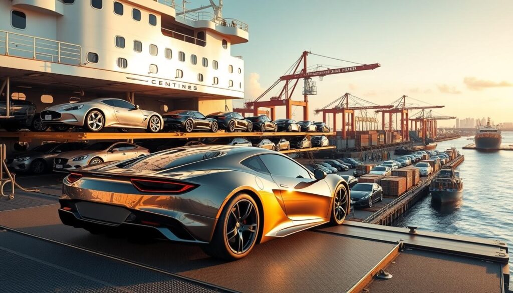 A gleaming car carrier ship stands tall, its decks laden with a diverse array of automobiles, ready to be transported across the seas. In the foreground, a sleek, shiny sports car is carefully loaded onto the vessel, its curves and chrome gleaming under the warm, golden light of the sun. The midground showcases a fleet of sedans and SUVs, each expertly secured and positioned for a safe journey. In the background, the bustling port of Miami comes into view, with cranes and cargo containers adding to the industrial, yet dynamic, atmosphere. The overall scene conveys a sense of efficiency, precision, and the reliable transportation of valuable automotive assets. A gleaming car carrier ship stands tall, its decks laden with a diverse array of automobiles, ready to be transported across the seas. In the foreground, a sleek, shiny sports car is carefully loaded onto the vessel, its curves and chrome gleaming under the warm, golden light of the sun. The midground showcases a fleet of sedans and SUVs, each expertly secured and positioned for a safe journey. In the background, the bustling port of Miami comes into view, with cranes and cargo containers adding to the industrial, yet dynamic, atmosphere. The overall scene conveys a sense of efficiency, precision, and the reliable transportation of valuable automotive assets.