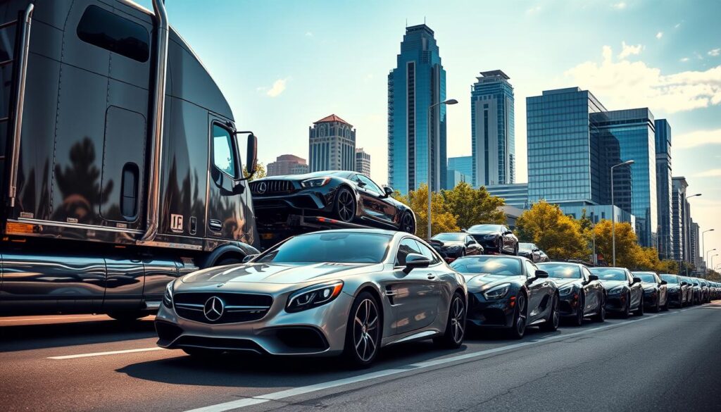 A gleaming car carrier truck navigates the bustling streets of Frisco, its polished chrome and sleek design reflecting the vibrant sunlight. In the foreground, a line of neatly arranged luxury and high-end vehicles await their journey, each one meticulously cared for and secured with the utmost attention to safety. The background features the iconic skyline of Frisco, its modern skyscrapers and lush green spaces creating a dynamic, energetic atmosphere. The scene is captured from a low, angled perspective, emphasizing the impressive scale and capabilities of the car shipping operation. The overall mood conveys a sense of professionalism, reliability, and Frisco's reputation as a trusted destination for safe, insured vehicle transport.