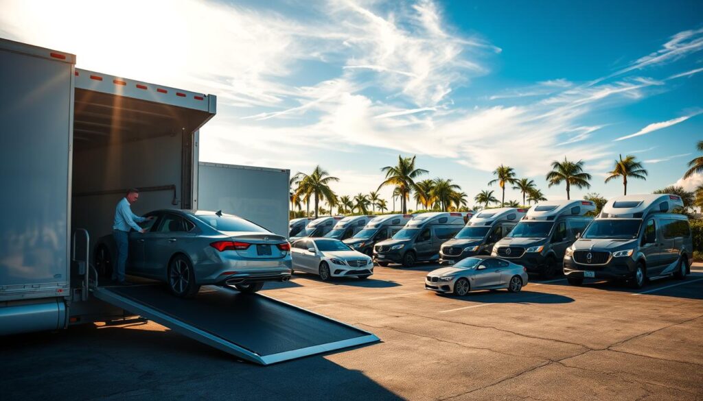 A gleaming fleet of modern, well-maintained auto transport trucks parked in a spacious, neatly organized lot. Bright sunlight filters through wispy clouds, casting long shadows and a warm, inviting glow. In the foreground, a skilled driver carefully secures a luxury sedan onto the sturdy, hydraulic-powered loading ramp. The middle ground showcases a variety of vehicles, from compact sedans to towering SUVs, all meticulously protected by custom tie-down systems. In the background, the iconic palm trees and vibrant greenery of Naples, Florida, create a tranquil, coastal ambiance. The scene exudes professionalism, attention to detail, and a commitment to the safe, reliable transport of automobiles. A gleaming fleet of modern, well-maintained auto transport trucks parked in a spacious, neatly organized lot. Bright sunlight filters through wispy clouds, casting long shadows and a warm, inviting glow. In the foreground, a skilled driver carefully secures a luxury sedan onto the sturdy, hydraulic-powered loading ramp. The middle ground showcases a variety of vehicles, from compact sedans to towering SUVs, all meticulously protected by custom tie-down systems. In the background, the iconic palm trees and vibrant greenery of Naples, Florida, create a tranquil, coastal ambiance. The scene exudes professionalism, attention to detail, and a commitment to the safe, reliable transport of automobiles.