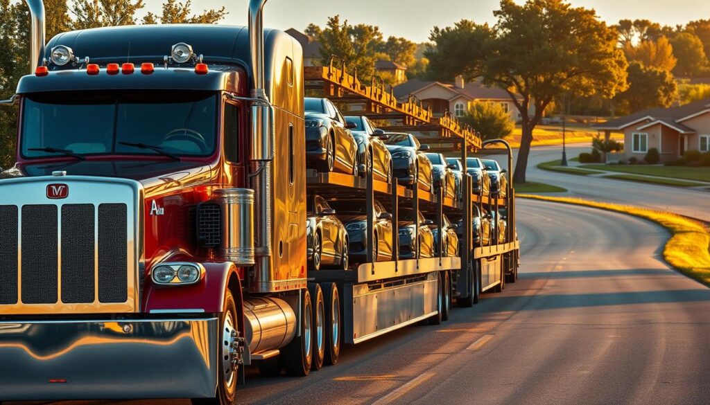 A gleaming, modern car carrier truck navigates the winding roads of Kyle, Texas, transporting a fleet of shiny, meticulously detailed vehicles. The sun casts a warm, golden glow over the scene, highlighting the chrome accents and glossy paint of the cars. In the foreground, the truck's massive front grille and powerful engine command attention, while in the middle ground, the carefully stacked vehicles are secured with sturdy straps. The background features a picturesque suburban landscape, with lush trees, well-maintained homes, and a clear blue sky overhead, conveying a sense of tranquility and professionalism. The overall composition suggests the reliable, efficient, and trustworthy nature of the auto transport and car shipping services available in Kyle. A gleaming, modern car carrier truck navigates the winding roads of Kyle, Texas, transporting a fleet of shiny, meticulously detailed vehicles. The sun casts a warm, golden glow over the scene, highlighting the chrome accents and glossy paint of the cars. In the foreground, the truck's massive front grille and powerful engine command attention, while in the middle ground, the carefully stacked vehicles are secured with sturdy straps. The background features a picturesque suburban landscape, with lush trees, well-maintained homes, and a clear blue sky overhead, conveying a sense of tranquility and professionalism. The overall composition suggests the reliable, efficient, and trustworthy nature of the auto transport and car shipping services available in Kyle.