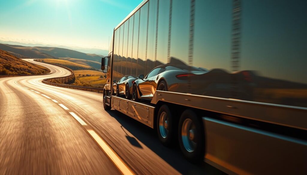 A gleaming silver auto transport truck, its sleek body illuminated by warm sunlight, navigates a winding highway. In the foreground, the truck's cargo bed holds several gleaming sports cars, their chrome accents reflecting the sun's rays. The middle ground depicts a wide, curving road cutting through lush, rolling hills, the distant horizon hazy under a clear blue sky. The camera angle is low, capturing the sense of speed and power as the truck effortlessly carries its precious cargo. Subtle lens flare and depth-of-field blur add a cinematic quality, conveying the efficiency and precision of this "fastest" car shipping company. A gleaming silver auto transport truck, its sleek body illuminated by warm sunlight, navigates a winding highway. In the foreground, the truck's cargo bed holds several gleaming sports cars, their chrome accents reflecting the sun's rays. The middle ground depicts a wide, curving road cutting through lush, rolling hills, the distant horizon hazy under a clear blue sky. The camera angle is low, capturing the sense of speed and power as the truck effortlessly carries its precious cargo. Subtle lens flare and depth-of-field blur add a cinematic quality, conveying the efficiency and precision of this "fastest" car shipping company.