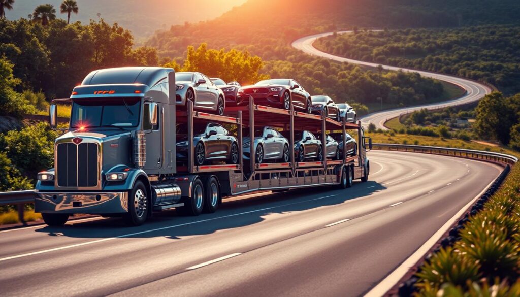 A gleaming, silver car carrier transports a fleet of pristine vehicles along a winding highway. The sun casts a warm glow, illuminating the shiny exteriors of the cars as they are carefully loaded and secured. In the foreground, the truck's powerful engine rumbles, its tires gripping the asphalt. The middle ground features the car carrier's streamlined design, with multiple levels to accommodate numerous vehicles. In the background, the lush, verdant landscape of Doral, Florida, serves as a scenic backdrop, conveying a sense of trust and reliability in the auto transport service. The overall scene captures the efficiency and professionalism of a trusted Doral auto transport operation, backed by a nationwide carrier network. A gleaming, silver car carrier transports a fleet of pristine vehicles along a winding highway. The sun casts a warm glow, illuminating the shiny exteriors of the cars as they are carefully loaded and secured. In the foreground, the truck's powerful engine rumbles, its tires gripping the asphalt. The middle ground features the car carrier's streamlined design, with multiple levels to accommodate numerous vehicles. In the background, the lush, verdant landscape of Doral, Florida, serves as a scenic backdrop, conveying a sense of trust and reliability in the auto transport service. The overall scene captures the efficiency and professionalism of a trusted Doral auto transport operation, backed by a nationwide carrier network.