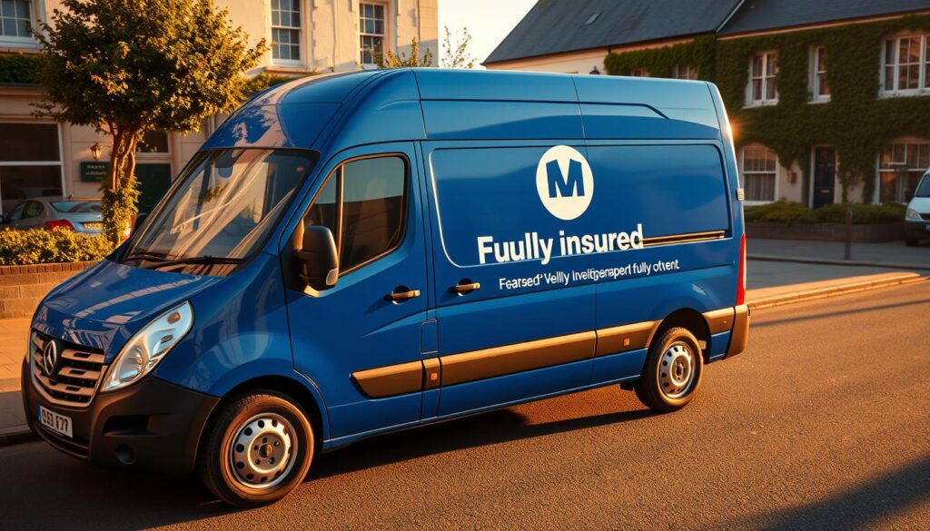 A glossy, fully insured delivery van parked on a city street in Ennis, Ireland. The van is freshly washed and detailed, with a vibrant blue exterior and the company's logo prominently displayed. The scene is bathed in warm, golden afternoon light, casting long shadows across the pavement. In the background, quaint buildings and lush greenery create a picturesque urban setting. The van's interior is visible through the driver's side window, showcasing a well-organized and professional cargo area. The overall impression is one of reliability, safety, and attention to detail - qualities that reflect the trusted vehicle transport services offered in Ennis. A glossy, fully insured delivery van parked on a city street in Ennis, Ireland. The van is freshly washed and detailed, with a vibrant blue exterior and the company's logo prominently displayed. The scene is bathed in warm, golden afternoon light, casting long shadows across the pavement. In the background, quaint buildings and lush greenery create a picturesque urban setting. The van's interior is visible through the driver's side window, showcasing a well-organized and professional cargo area. The overall impression is one of reliability, safety, and attention to detail - qualities that reflect the trusted vehicle transport services offered in Ennis.