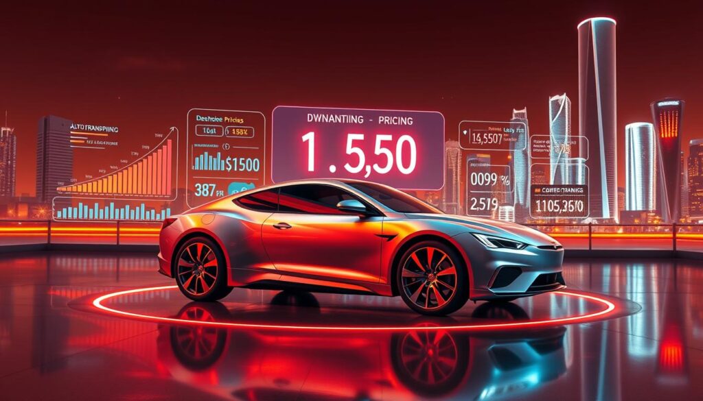 A glossy silver automobile surrounded by a futuristic display of dynamic pricing charts, holographic infographics, and neon-lit numerical data. The scene is bathed in a warm, amber-tinted lighting that creates a sense of technological sophistication. The car is positioned in the foreground, allowing the viewer to focus on the pricing details in the middle ground, while the background features a sleek, minimalist cityscape with skyscrapers and a vibrant, neon-accented skyline. The overall atmosphere conveys a sense of innovation, precision, and the ever-evolving nature of the auto transport industry. A glossy silver automobile surrounded by a futuristic display of dynamic pricing charts, holographic infographics, and neon-lit numerical data. The scene is bathed in a warm, amber-tinted lighting that creates a sense of technological sophistication. The car is positioned in the foreground, allowing the viewer to focus on the pricing details in the middle ground, while the background features a sleek, minimalist cityscape with skyscrapers and a vibrant, neon-accented skyline. The overall atmosphere conveys a sense of innovation, precision, and the ever-evolving nature of the auto transport industry.