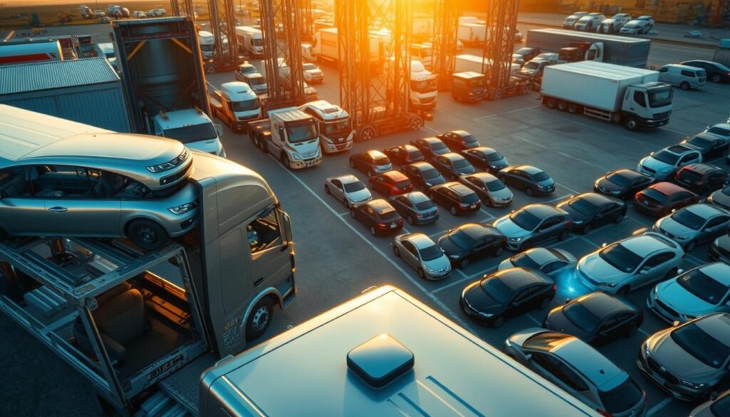 A high-angle view of a busy auto shipping yard in Tallahassee, Florida. In the foreground, a gleaming car carrier truck waits to be loaded with various makes and models of vehicles, their hoods and trunks securely fastened. The middle ground reveals rows of neatly organized cars, each carefully positioned for efficient transport. In the background, the towering structures of a bustling logistics hub loom, their metallic surfaces reflecting the warm, golden light of the afternoon sun. The scene conveys a sense of professionalism, reliability, and the smooth, seamless operation of Tallahassee's premier auto transport services. A high-angle view of a busy auto shipping yard in Tallahassee, Florida. In the foreground, a gleaming car carrier truck waits to be loaded with various makes and models of vehicles, their hoods and trunks securely fastened. The middle ground reveals rows of neatly organized cars, each carefully positioned for efficient transport. In the background, the towering structures of a bustling logistics hub loom, their metallic surfaces reflecting the warm, golden light of the afternoon sun. The scene conveys a sense of professionalism, reliability, and the smooth, seamless operation of Tallahassee's premier auto transport services.