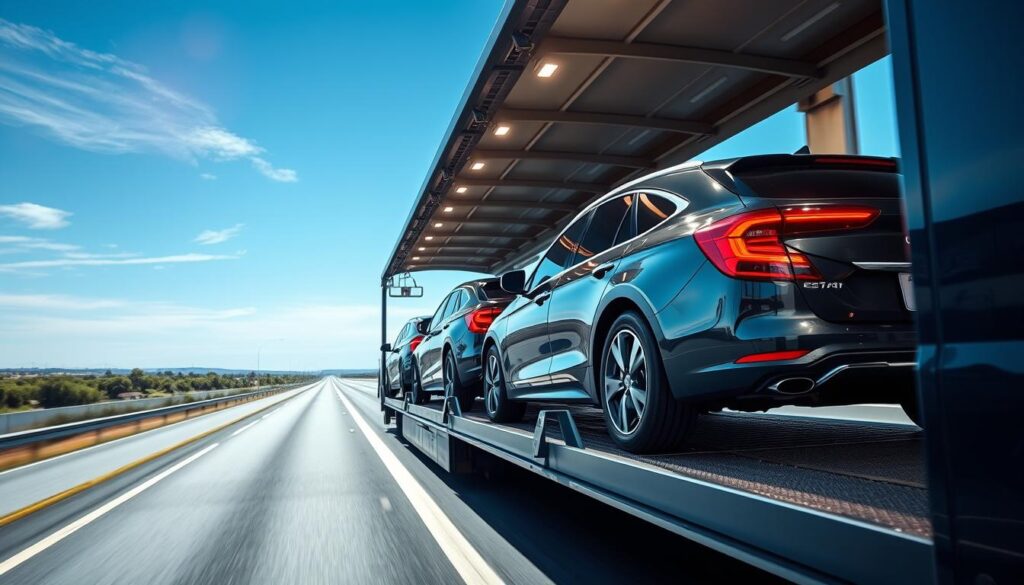 A high-angle view of a well-lit car carrier transporting a fleet of late-model sedans and SUVs on the highway. The carrier's hydraulic lift platform is lowered, revealing the neatly arranged vehicles securely fastened with sturdy tie-downs. The scene conveys a sense of efficiency, reliability, and professional care, with the highway landscape and blue sky providing a serene, uncluttered backdrop. Subtle lens flare and balanced lighting create a polished, modern aesthetic. The overall composition emphasizes the safe, controlled nature of the car shipping process. A high-angle view of a well-lit car carrier transporting a fleet of late-model sedans and SUVs on the highway. The carrier's hydraulic lift platform is lowered, revealing the neatly arranged vehicles securely fastened with sturdy tie-downs. The scene conveys a sense of efficiency, reliability, and professional care, with the highway landscape and blue sky providing a serene, uncluttered backdrop. Subtle lens flare and balanced lighting create a polished, modern aesthetic. The overall composition emphasizes the safe, controlled nature of the car shipping process.