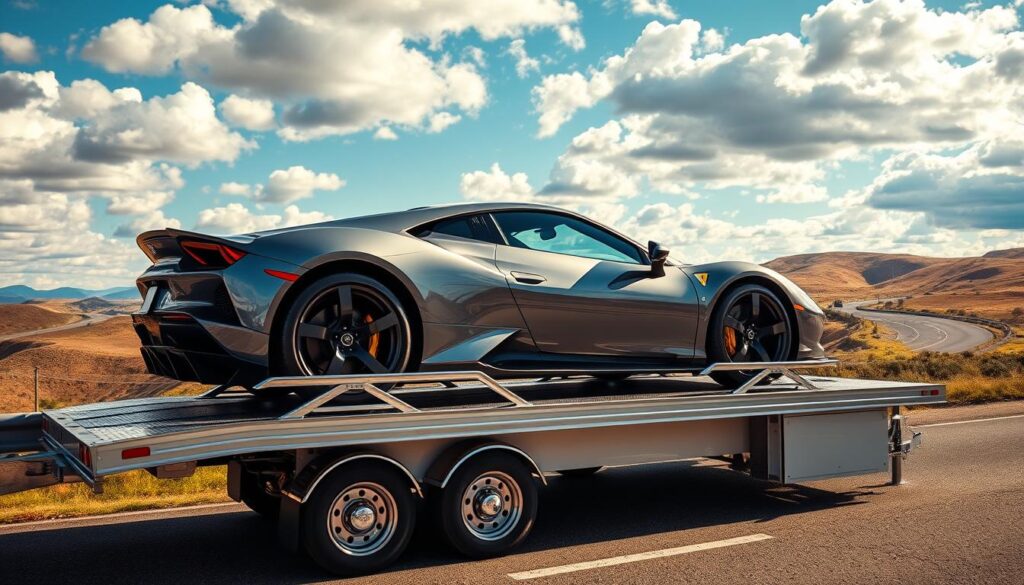 A high-end, luxury automobile rests upon a gleaming silver car transport trailer, its glossy paint job reflecting the warm afternoon sunlight. In the background, a scenic highway winds through rolling hills, framed by a vibrant blue sky dotted with fluffy white clouds. The transport truck's chrome accents and pristine white body exude a sense of premium quality and attention to detail, perfectly complementing the elegance of the exotic car it carries. Crisp, dramatic lighting from the side emphasizes the vehicle's bold contours and muscular presence, conveying a sense of power and exclusivity. The overall scene emanates a feeling of effortless sophistication and the highest standards of professional exotic car shipping. A high-end, luxury automobile rests upon a gleaming silver car transport trailer, its glossy paint job reflecting the warm afternoon sunlight. In the background, a scenic highway winds through rolling hills, framed by a vibrant blue sky dotted with fluffy white clouds. The transport truck's chrome accents and pristine white body exude a sense of premium quality and attention to detail, perfectly complementing the elegance of the exotic car it carries. Crisp, dramatic lighting from the side emphasizes the vehicle's bold contours and muscular presence, conveying a sense of power and exclusivity. The overall scene emanates a feeling of effortless sophistication and the highest standards of professional exotic car shipping.