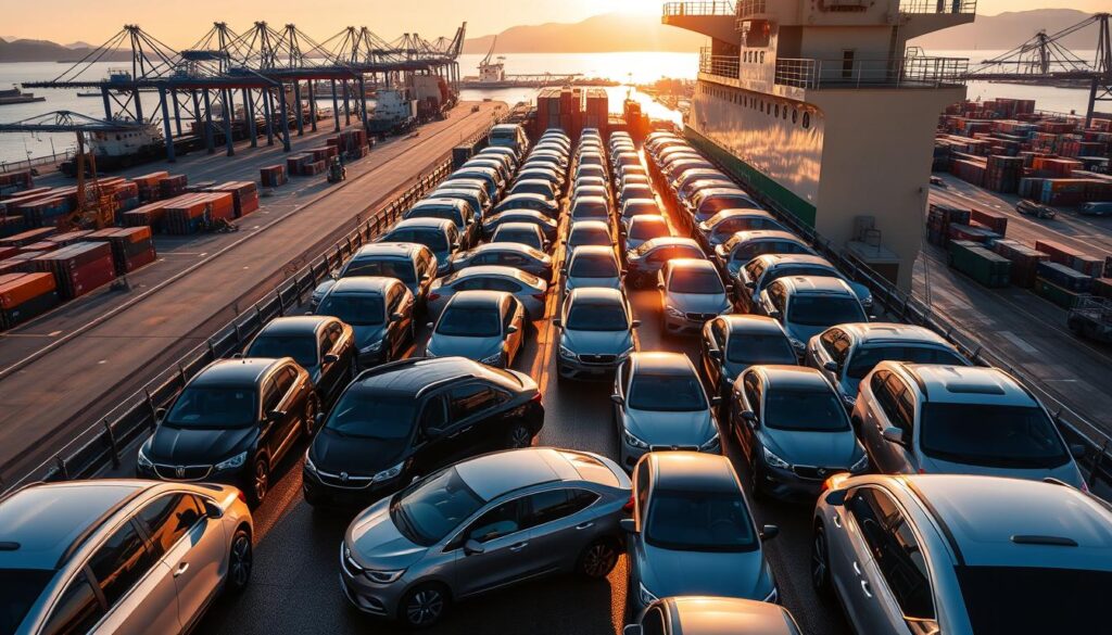 A large car carrier ship transporting rows of brand-new vehicles, its hull gleaming in the warm afternoon sunlight. In the foreground, a fleet of shiny sedans, SUVs, and pickup trucks are carefully secured on the ship's deck, ready to be delivered to dealerships across the country. The background depicts a busy port, with cranes and cargo containers lining the docks, and the distant silhouette of a coastal town on the horizon. The scene conveys a sense of efficiency, reliability, and the smooth logistics of the vehicle shipping industry. A large car carrier ship transporting rows of brand-new vehicles, its hull gleaming in the warm afternoon sunlight. In the foreground, a fleet of shiny sedans, SUVs, and pickup trucks are carefully secured on the ship's deck, ready to be delivered to dealerships across the country. The background depicts a busy port, with cranes and cargo containers lining the docks, and the distant silhouette of a coastal town on the horizon. The scene conveys a sense of efficiency, reliability, and the smooth logistics of the vehicle shipping industry.