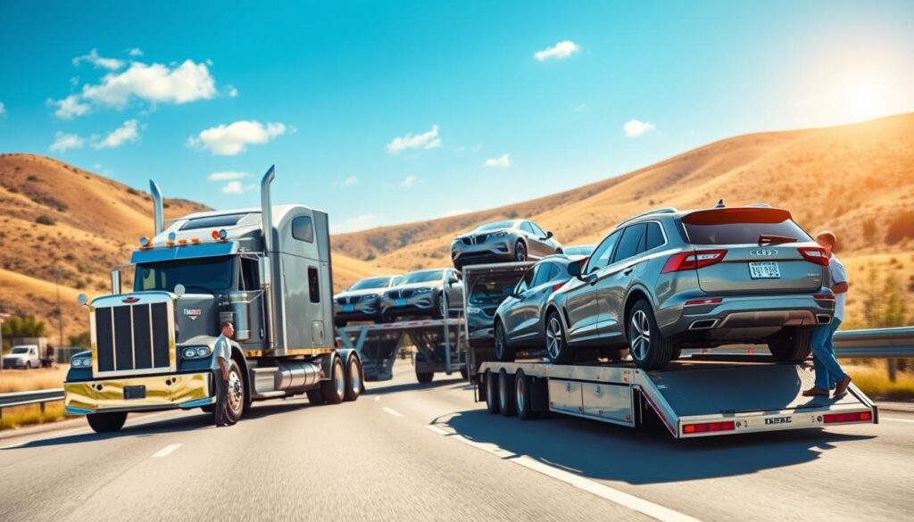 A large car transport truck, its trailer filled with gleaming vehicles, cruises down a sun-dappled highway against a backdrop of rolling hills and a clear blue sky. The truck's chrome accents and bold logo catch the light, conveying a sense of reliability and expertise. In the foreground, a family SUV is being carefully loaded onto the trailer, its owners watching with satisfaction. The scene exudes an atmosphere of trust, professionalism, and the smooth, efficient transport of precious cargo, reflecting the reliable auto transport services offered in Mineral Wells. A large car transport truck, its trailer filled with gleaming vehicles, cruises down a sun-dappled highway against a backdrop of rolling hills and a clear blue sky. The truck's chrome accents and bold logo catch the light, conveying a sense of reliability and expertise. In the foreground, a family SUV is being carefully loaded onto the trailer, its owners watching with satisfaction. The scene exudes an atmosphere of trust, professionalism, and the smooth, efficient transport of precious cargo, reflecting the reliable auto transport services offered in Mineral Wells.