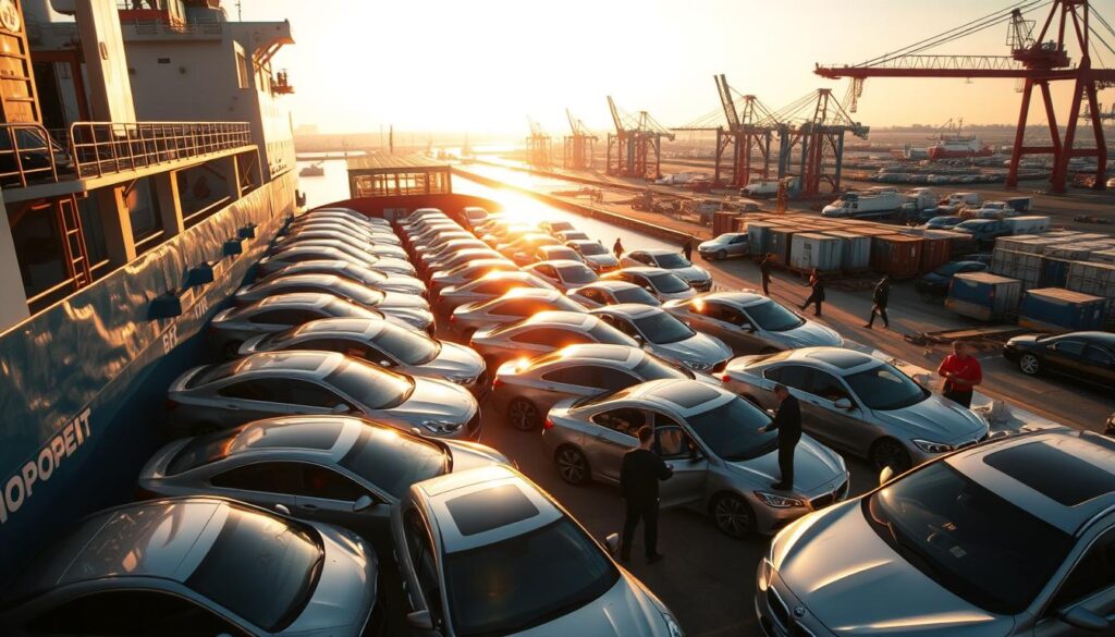 A large cargo ship docked at a bustling port, its deck loaded with a fleet of sleek, freshly-washed automobiles ready for transport. The sun casts a warm, golden glow over the scene, illuminating the shiny metallic surfaces of the vehicles. In the foreground, a team of experienced vehicle shipping specialists efficiently secures the cars, ensuring their safe passage to their final destinations. The background is a panoramic view of the harbor, with cranes, warehouses, and other maritime infrastructure creating a dynamic industrial landscape. The overall atmosphere conveys a sense of professionalism, efficiency, and the reliable care taken in the vehicle shipping process. A large cargo ship docked at a bustling port, its deck loaded with a fleet of sleek, freshly-washed automobiles ready for transport. The sun casts a warm, golden glow over the scene, illuminating the shiny metallic surfaces of the vehicles. In the foreground, a team of experienced vehicle shipping specialists efficiently secures the cars, ensuring their safe passage to their final destinations. The background is a panoramic view of the harbor, with cranes, warehouses, and other maritime infrastructure creating a dynamic industrial landscape. The overall atmosphere conveys a sense of professionalism, efficiency, and the reliable care taken in the vehicle shipping process.