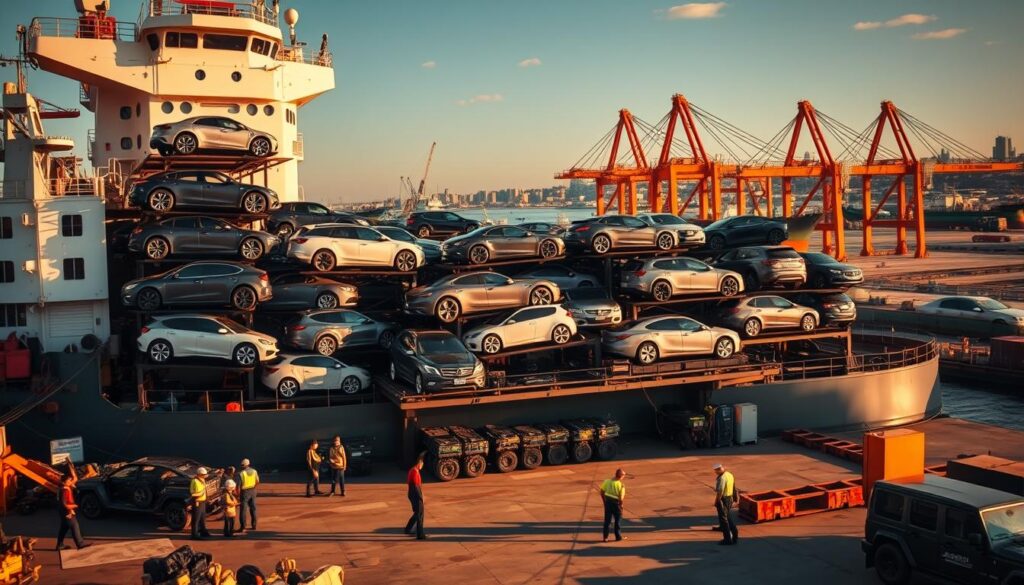 A large cargo ship docked at a busy port, its vast deck stacked high with a diverse array of automobiles, from sleek sports cars to rugged SUVs. In the foreground, a team of skilled workers carefully load and secure the vehicles, using specialized equipment and techniques to ensure safe and efficient transport. The scene is bathed in warm, golden sunlight, casting long shadows and creating a sense of industrious activity. In the background, the bustling harbor and towering cranes provide a dynamic urban backdrop, hinting at the global scale of the vehicle shipping industry. The overall mood is one of professionalism, precision, and the seamless movement of goods across vast distances. A large cargo ship docked at a busy port, its vast deck stacked high with a diverse array of automobiles, from sleek sports cars to rugged SUVs. In the foreground, a team of skilled workers carefully load and secure the vehicles, using specialized equipment and techniques to ensure safe and efficient transport. The scene is bathed in warm, golden sunlight, casting long shadows and creating a sense of industrious activity. In the background, the bustling harbor and towering cranes provide a dynamic urban backdrop, hinting at the global scale of the vehicle shipping industry. The overall mood is one of professionalism, precision, and the seamless movement of goods across vast distances.
