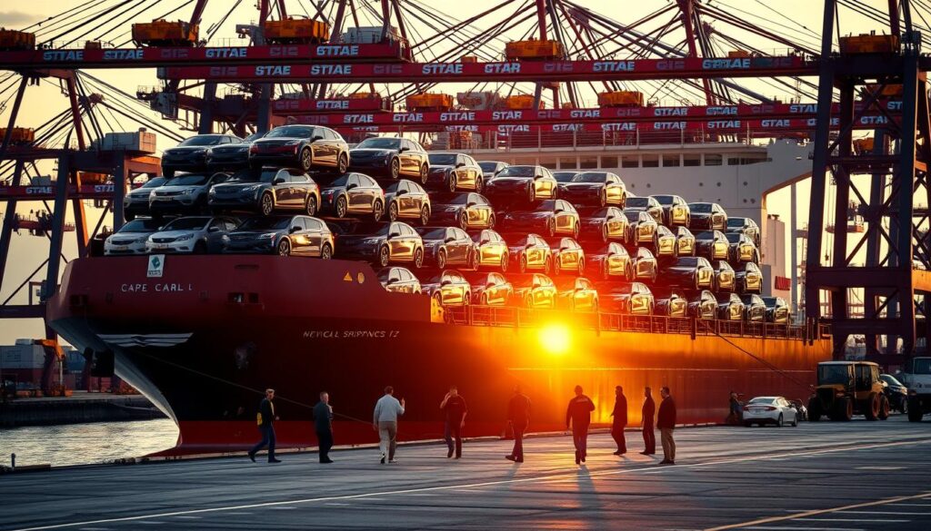 A large cargo ship gently easing into a busy shipping port, its sturdy deck laden with an array of expertly stacked vehicles, their gleaming exteriors reflecting the warm, golden light of the setting sun. In the foreground, a team of skilled longshoremen carefully guide the cars off the ship, their practiced movements and attention to detail ensuring a seamless, reliable transportation process. The background is filled with the bustling activity of the port, cranes and forklifts working in concert to maintain the steady flow of goods and vehicles, while the overall scene conveys a sense of efficiency, security, and the reliable, fully insured nature of the vehicle shipping services available in Cape Coral.