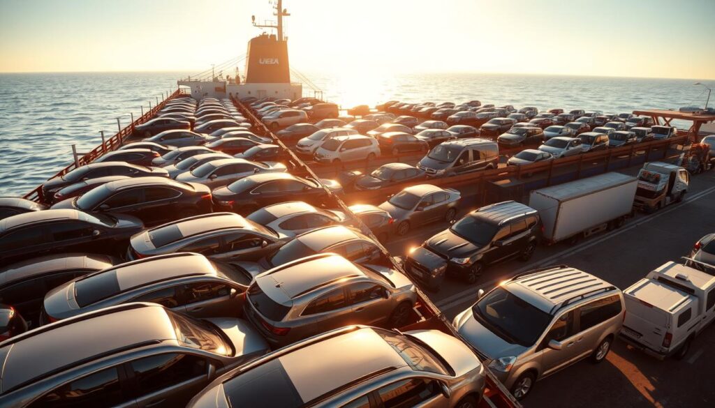 A large cargo ship loaded with numerous vehicles of various makes and models, including sedans, SUVs, and pickup trucks, is docked at a bustling port. The sun casts a warm glow over the scene, illuminating the shiny metal bodies and reflecting off the water. In the background, a fleet of car hauler trucks waits to transport the freshly unloaded vehicles to their final destinations. The atmosphere conveys a sense of efficiency, reliability, and the smooth flow of the vehicle shipping process. The camera angle captures the scale and scope of the operation, showcasing the professionalism and expertise of the vehicle shipping services. A large cargo ship loaded with numerous vehicles of various makes and models, including sedans, SUVs, and pickup trucks, is docked at a bustling port. The sun casts a warm glow over the scene, illuminating the shiny metal bodies and reflecting off the water. In the background, a fleet of car hauler trucks waits to transport the freshly unloaded vehicles to their final destinations. The atmosphere conveys a sense of efficiency, reliability, and the smooth flow of the vehicle shipping process. The camera angle captures the scale and scope of the operation, showcasing the professionalism and expertise of the vehicle shipping services.