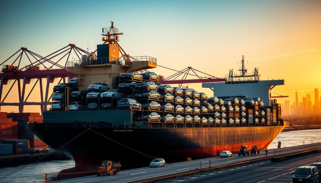 A large cargo ship moored at a bustling port, its deck stacked high with a diverse array of automobiles. Cranes and forklifts move with precision, loading and unloading vehicles onto the ship. In the background, towering containers and the silhouette of a city skyline create a captivating industrial landscape, bathed in warm golden light from the setting sun. The scene conveys the scale and efficiency of the vehicle shipping industry, showcasing the critical infrastructure that facilitates the transportation of cars across the United States. A large cargo ship moored at a bustling port, its deck stacked high with a diverse array of automobiles. Cranes and forklifts move with precision, loading and unloading vehicles onto the ship. In the background, towering containers and the silhouette of a city skyline create a captivating industrial landscape, bathed in warm golden light from the setting sun. The scene conveys the scale and efficiency of the vehicle shipping industry, showcasing the critical infrastructure that facilitates the transportation of cars across the United States.