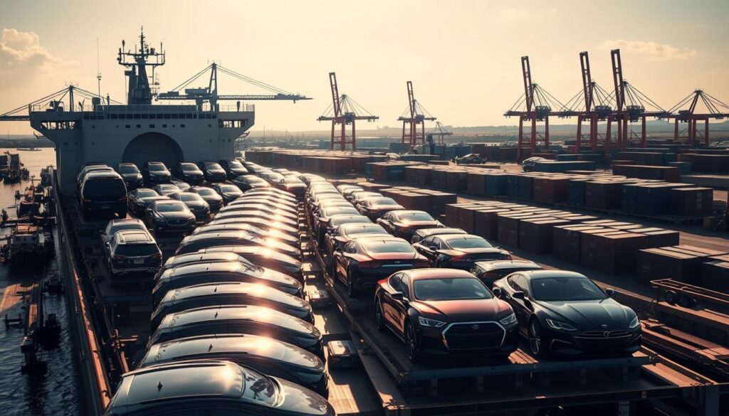 A large cargo ship rests in a bustling port, its deck stacked with an array of vehicles securely fastened for transport. Sunlight glints off the glossy paint of the cars, casting dynamic shadows across the scene. In the background, towering cranes and storage containers create an industrial landscape, while a cloudless sky provides a serene backdrop. The mood is one of efficiency and organization, with the transportation of vehicles playing a crucial role in the global supply chain. A large cargo ship rests in a bustling port, its deck stacked with an array of vehicles securely fastened for transport. Sunlight glints off the glossy paint of the cars, casting dynamic shadows across the scene. In the background, towering cranes and storage containers create an industrial landscape, while a cloudless sky provides a serene backdrop. The mood is one of efficiency and organization, with the transportation of vehicles playing a crucial role in the global supply chain.