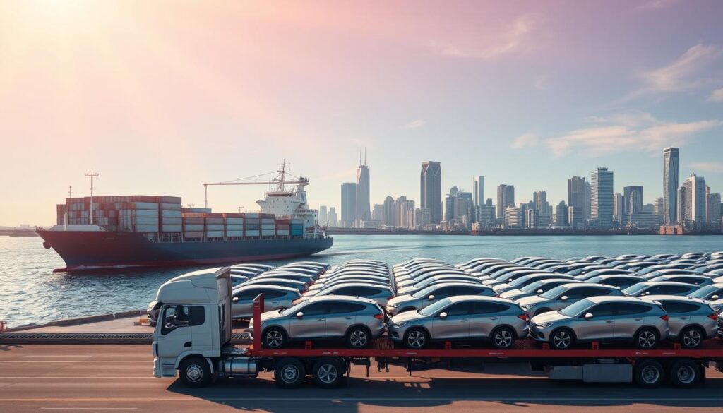 A large cargo ship transporting a fleet of gleaming automobiles across the open ocean, the sun's rays casting a warm, golden glow on the sleek car bodies. In the foreground, a car carrier truck waits on the docks, ready to efficiently deliver the vehicles to their final destination. The middle ground features rows of neatly organized cars, each meticulously prepared for their cross-country journey. In the background, the bustling Brownwood skyline provides a modern, urban backdrop, conveying the reliable, professional nature of the car shipping services. The overall scene exudes a sense of effortless transport and meticulous care, reflecting the trusted, tailored services offered to Brownwood residents. A large cargo ship transporting a fleet of gleaming automobiles across the open ocean, the sun's rays casting a warm, golden glow on the sleek car bodies. In the foreground, a car carrier truck waits on the docks, ready to efficiently deliver the vehicles to their final destination. The middle ground features rows of neatly organized cars, each meticulously prepared for their cross-country journey. In the background, the bustling Brownwood skyline provides a modern, urban backdrop, conveying the reliable, professional nature of the car shipping services. The overall scene exudes a sense of effortless transport and meticulous care, reflecting the trusted, tailored services offered to Brownwood residents.