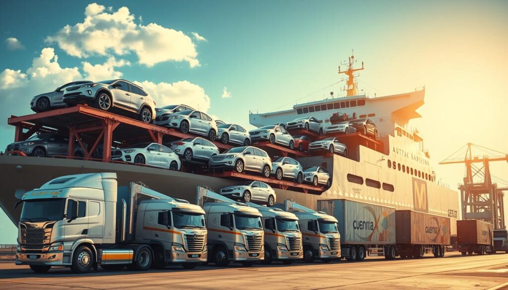 A large cargo ship transporting numerous vehicles, its deck filled with various makes and models of cars and trucks, against a backdrop of a bright, sun-drenched Miami port. The ship's hull glistens in the warm, coastal light, while the vehicles are carefully stacked and secured, ready for delivery. In the foreground, a group of car transport trucks and trailers wait to receive the vehicles, their chrome fittings and logos shining. The scene conveys a sense of efficiency, reliability, and the smooth, seamless operation of Miami Gardens' auto transport services.