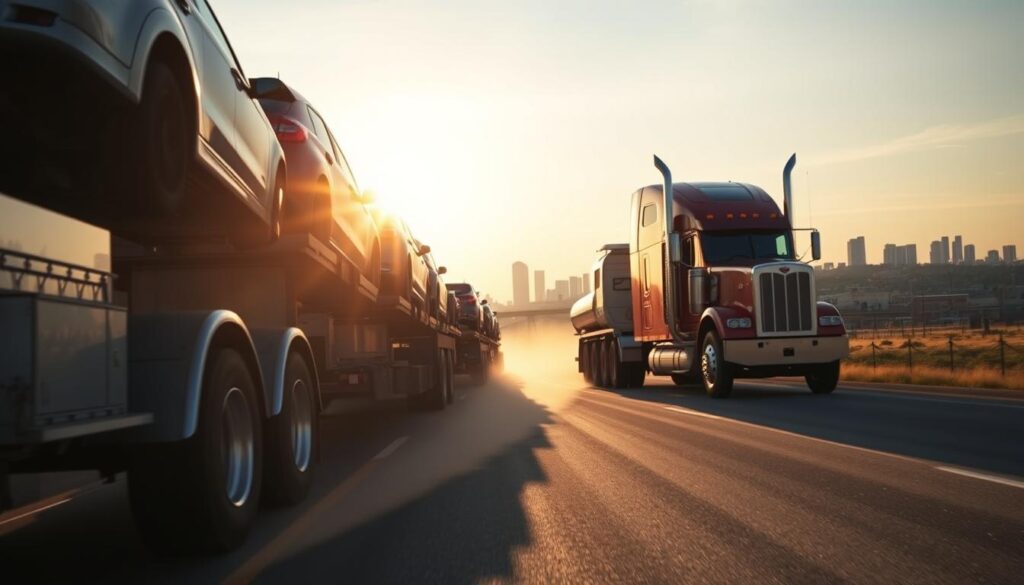 A large commercial semi-truck transporting several automobiles on the highway, with the skyline of Borger, Texas visible in the background. The sun casts a warm, golden glow over the scene, illuminating the shiny chrome and paint of the vehicles. The truck's tires kick up a cloud of dust as it navigates the winding roads leading into the town. In the foreground, the intricate details of the car hauler's design are clearly visible, showcasing its sturdy construction and efficient loading mechanism. The overall composition conveys a sense of reliability, efficiency, and the importance of auto transport and car shipping services in the Borger community. A large commercial semi-truck transporting several automobiles on the highway, with the skyline of Borger, Texas visible in the background. The sun casts a warm, golden glow over the scene, illuminating the shiny chrome and paint of the vehicles. The truck's tires kick up a cloud of dust as it navigates the winding roads leading into the town. In the foreground, the intricate details of the car hauler's design are clearly visible, showcasing its sturdy construction and efficient loading mechanism. The overall composition conveys a sense of reliability, efficiency, and the importance of auto transport and car shipping services in the Borger community.