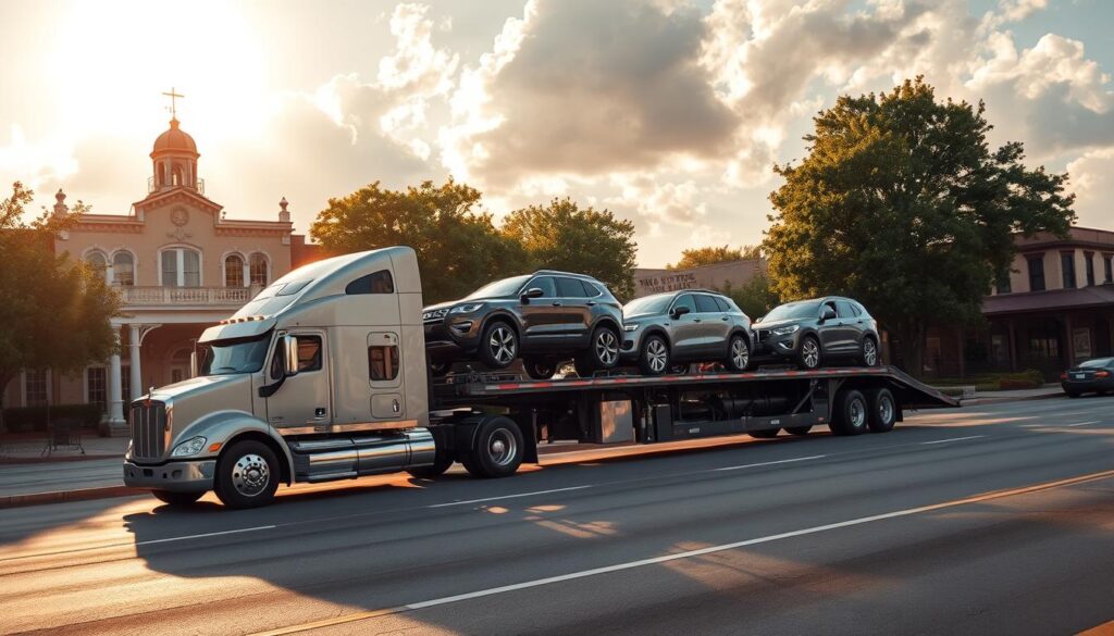 A large commercial truck transporting several vehicles on its trailer, navigating the streets of Lockhart, Texas. The truck's sleek design and powerful engine reflect the professionalism of the vehicle shipping service. In the background, the charming historic buildings and lush greenery of Lockhart create a picturesque scene. Warm, golden sunlight filters through fluffy clouds, casting a soft glow over the entire composition. The camera angle is slightly elevated, capturing the scale and grandeur of the shipping operation. An atmosphere of efficiency, reliability, and attention to detail permeates the image, embodying the trusted solutions offered for auto transport and car shipping in Lockhart. A large commercial truck transporting several vehicles on its trailer, navigating the streets of Lockhart, Texas. The truck's sleek design and powerful engine reflect the professionalism of the vehicle shipping service. In the background, the charming historic buildings and lush greenery of Lockhart create a picturesque scene. Warm, golden sunlight filters through fluffy clouds, casting a soft glow over the entire composition. The camera angle is slightly elevated, capturing the scale and grandeur of the shipping operation. An atmosphere of efficiency, reliability, and attention to detail permeates the image, embodying the trusted solutions offered for auto transport and car shipping in Lockhart.