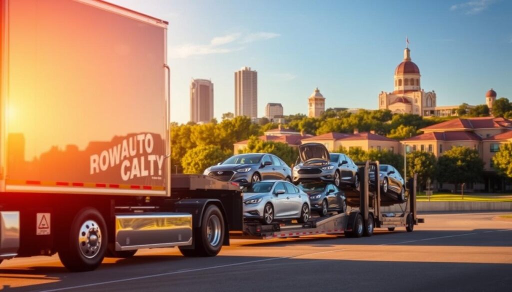 A large, modern auto transport truck prominently displayed in the foreground, its gleaming metallic exterior catching the warm afternoon sunlight. In the middle ground, a fleet of well-maintained vehicles carefully loaded onto the specialized carrier, evoking a sense of professionalism and reliability. The background features the recognizable cityscape of Rowlett, Texas, with its distinctive architecture and lush greenery, creating a cohesive regional context. The overall scene conveys a strong emphasis on safety, efficiency, and the company's commitment to providing trusted auto transport services to the local community. A large, modern auto transport truck prominently displayed in the foreground, its gleaming metallic exterior catching the warm afternoon sunlight. In the middle ground, a fleet of well-maintained vehicles carefully loaded onto the specialized carrier, evoking a sense of professionalism and reliability. The background features the recognizable cityscape of Rowlett, Texas, with its distinctive architecture and lush greenery, creating a cohesive regional context. The overall scene conveys a strong emphasis on safety, efficiency, and the company's commitment to providing trusted auto transport services to the local community.