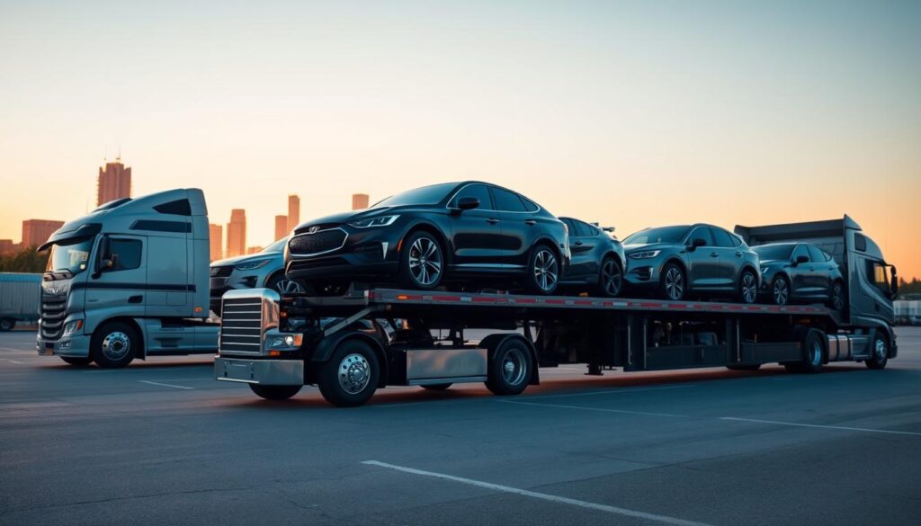 A large, modern car transporter truck parked in the foreground, its trailer loaded with several shiny, new automobiles. The truck is positioned in a well-lit, paved lot, with the Waco skyline visible in the middle ground. The scene conveys a sense of efficiency and reliability, capturing the essence of a trusted auto transport company serving the Waco, TX area. The lighting is warm and inviting, creating a professional, high-quality atmosphere. The camera angle is slightly elevated, providing a clear view of the scene and the vehicles being transported. A large, modern car transporter truck parked in the foreground, its trailer loaded with several shiny, new automobiles. The truck is positioned in a well-lit, paved lot, with the Waco skyline visible in the middle ground. The scene conveys a sense of efficiency and reliability, capturing the essence of a trusted auto transport company serving the Waco, TX area. The lighting is warm and inviting, creating a professional, high-quality atmosphere. The camera angle is slightly elevated, providing a clear view of the scene and the vehicles being transported.