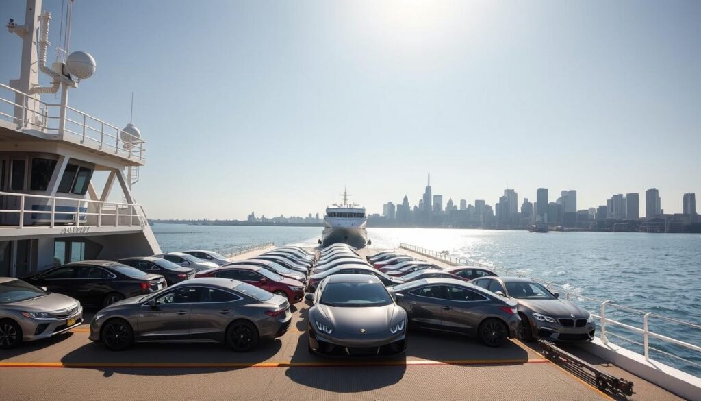 A large ship transporting an array of gleaming new vehicles along the coastal highways of New Jersey. In the foreground, sleek sedans and sporty coupes are secured on the vessel's deck, their shiny exteriors reflecting the brilliant sunlight. In the middle ground, the ship's imposing structure dominates the frame, its hull cutting through the calm waters of the harbor. In the background, the iconic skyline of Princeton rises, its distinctive architecture framing the scene. The overall atmosphere conveys a sense of efficiency, modernity, and the relentless movement of commerce, perfectly capturing the essence of vehicle shipping in this vibrant region. A large ship transporting an array of gleaming new vehicles along the coastal highways of New Jersey. In the foreground, sleek sedans and sporty coupes are secured on the vessel's deck, their shiny exteriors reflecting the brilliant sunlight. In the middle ground, the ship's imposing structure dominates the frame, its hull cutting through the calm waters of the harbor. In the background, the iconic skyline of Princeton rises, its distinctive architecture framing the scene. The overall atmosphere conveys a sense of efficiency, modernity, and the relentless movement of commerce, perfectly capturing the essence of vehicle shipping in this vibrant region.