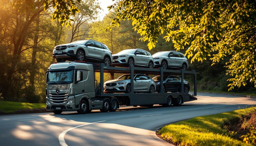 A large transport truck carrying multiple vehicles on a modern multi-level car carrier, with a sleek, chrome-accented design. The truck is positioned on a winding, well-paved road flanked by lush, verdant foliage on either side, capturing the scenic, picturesque countryside of Victoria. Warm, golden sunlight filters through the leaves, casting a soft, natural glow over the scene. The overall mood is one of efficiency, reliability, and the trusted, professional service one would expect from a reputable auto transport company in Victoria. A large transport truck carrying multiple vehicles on a modern multi-level car carrier, with a sleek, chrome-accented design. The truck is positioned on a winding, well-paved road flanked by lush, verdant foliage on either side, capturing the scenic, picturesque countryside of Victoria. Warm, golden sunlight filters through the leaves, casting a soft, natural glow over the scene. The overall mood is one of efficiency, reliability, and the trusted, professional service one would expect from a reputable auto transport company in Victoria.