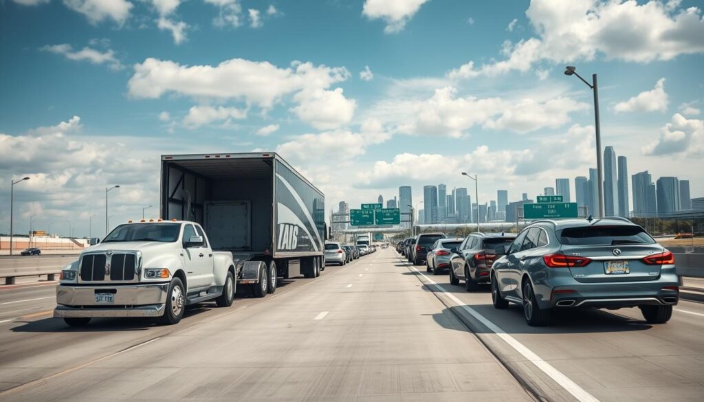 A large, well-equipped auto transport truck navigates the bustling highways of the Dallas-Fort Worth metroplex, its sleek design and powerful engine symbolizing the trusted, secure vehicle transport services offered in Euless. In the foreground, the truck's hydraulic ramps lower gently, ready to receive a line of gleaming sedans and SUVs, their owners entrusting their prized possessions to the skilled drivers. The middle ground reveals the expansive, well-lit loading area, with strategically placed security cameras and signage ensuring the utmost care and attention to detail. In the background, the iconic skyline of DFW looms, a testament to the regional importance of this vital transportation hub. The scene conveys a sense of professionalism, reliability, and a commitment to delivering vehicles safely and on time. A large, well-equipped auto transport truck navigates the bustling highways of the Dallas-Fort Worth metroplex, its sleek design and powerful engine symbolizing the trusted, secure vehicle transport services offered in Euless. In the foreground, the truck's hydraulic ramps lower gently, ready to receive a line of gleaming sedans and SUVs, their owners entrusting their prized possessions to the skilled drivers. The middle ground reveals the expansive, well-lit loading area, with strategically placed security cameras and signage ensuring the utmost care and attention to detail. In the background, the iconic skyline of DFW looms, a testament to the regional importance of this vital transportation hub. The scene conveys a sense of professionalism, reliability, and a commitment to delivering vehicles safely and on time.