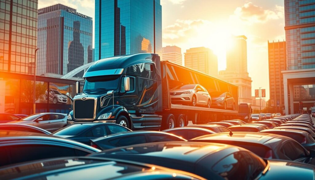 A majestic auto transport truck navigates the bustling streets of Fort Worth, its powerful chassis and sleek design commanding attention. In the foreground, rows of gleaming vehicles await their journey, meticulously secured and protected. The middle ground showcases the vibrant cityscape, with towering skyscrapers and the iconic Sundance Square providing a dynamic backdrop. Warm, golden sunlight filters through the scene, casting a soft, inviting glow and creating a sense of professionalism and reliability. The composition captures the essence of trusted car shipping services, seamlessly blending the transportation industry with the vibrant urban setting of Fort Worth. A majestic auto transport truck navigates the bustling streets of Fort Worth, its powerful chassis and sleek design commanding attention. In the foreground, rows of gleaming vehicles await their journey, meticulously secured and protected. The middle ground showcases the vibrant cityscape, with towering skyscrapers and the iconic Sundance Square providing a dynamic backdrop. Warm, golden sunlight filters through the scene, casting a soft, inviting glow and creating a sense of professionalism and reliability. The composition captures the essence of trusted car shipping services, seamlessly blending the transportation industry with the vibrant urban setting of Fort Worth.