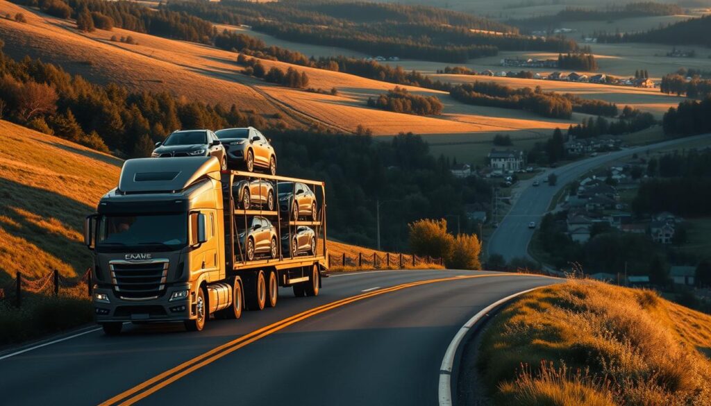 A massive transport truck, its trailer laden with shiny new automobiles, navigates a winding country road. The vehicle's powerful engine rumbles as it climbs a gentle hill, casting long shadows across the patchwork of fields and forests in the fading golden light. The driver, focused and experienced, guides the rig with precision, ensuring the safe delivery of its precious cargo. In the distance, a small town nestled among the rolling hills comes into view, its quaint main street and residential neighborhoods awaiting the arrival of the freshly minted vehicles. The scene conveys the reliable, professional nature of modern vehicle shipping services.