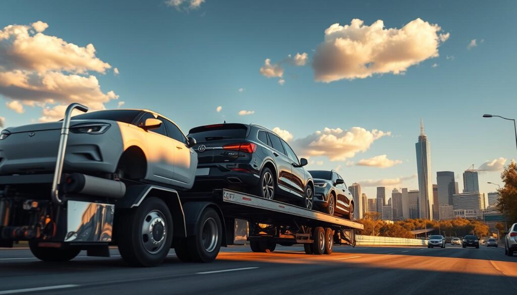 A meticulously detailed car transport truck navigating the bustling streets of Dallas, its cargo of pristine vehicles secured on a wide, gently sloping ramp. The scene is bathed in warm, golden afternoon light, casting long shadows and imbuing the scene with a sense of reliability and professionalism. In the background, the iconic Dallas skyline rises, framed by a clear blue sky dotted with fluffy white clouds. The transport truck's chrome trim gleams, and the drivers' faces are obscured, conveying a sense of trustworthy expertise. The overall impression is one of safe, efficient car shipping that customers in Dallas can depend on. A meticulously detailed car transport truck navigating the bustling streets of Dallas, its cargo of pristine vehicles secured on a wide, gently sloping ramp. The scene is bathed in warm, golden afternoon light, casting long shadows and imbuing the scene with a sense of reliability and professionalism. In the background, the iconic Dallas skyline rises, framed by a clear blue sky dotted with fluffy white clouds. The transport truck's chrome trim gleams, and the drivers' faces are obscured, conveying a sense of trustworthy expertise. The overall impression is one of safe, efficient car shipping that customers in Dallas can depend on.