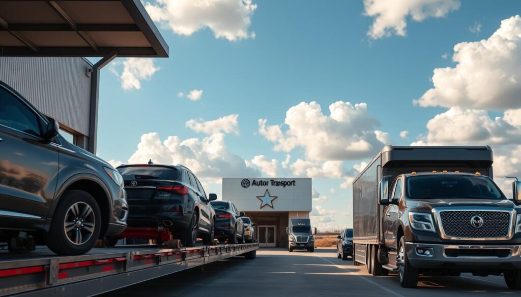 A modern and well-equipped auto transport facility set against the backdrop of the Texas landscape. In the foreground, several gleaming vehicles are carefully loaded onto specialized transport trucks, their chrome details reflecting the warm sunlight. The middle ground features the facility's signage and entrance, conveying a sense of professionalism and reliability. In the background, the iconic Texas sky stretches out, with fluffy white clouds drifting lazily overhead. The overall scene exudes a mood of efficiency, trust, and customer-focused service, perfectly capturing the essence of "Trusted Auto Transport in College Station, TX — Reliable & Customer‑Focused". A modern and well-equipped auto transport facility set against the backdrop of the Texas landscape. In the foreground, several gleaming vehicles are carefully loaded onto specialized transport trucks, their chrome details reflecting the warm sunlight. The middle ground features the facility's signage and entrance, conveying a sense of professionalism and reliability. In the background, the iconic Texas sky stretches out, with fluffy white clouds drifting lazily overhead. The overall scene exudes a mood of efficiency, trust, and customer-focused service, perfectly capturing the essence of "Trusted Auto Transport in College Station, TX — Reliable & Customer‑Focused".