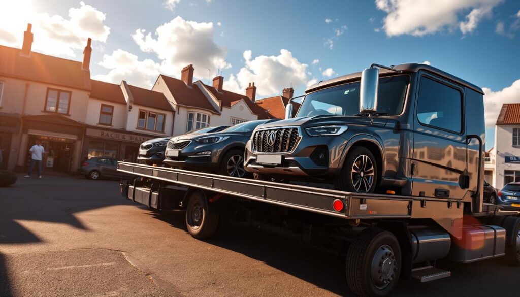A modern auto transport service in Ennis, with a sturdy flatbed truck prominently in the foreground, its chrome grill and side-view mirrors gleaming in the warm afternoon sunlight. In the middleground, several cars of various makes and models are securely loaded, ready for safe delivery. The background features the quaint, historic buildings of Ennis town center, with a blue sky dotted with fluffy white clouds overhead, conveying a sense of reliability and professionalism. The scene is captured from a slightly elevated angle, utilizing a wide-angle lens to showcase the full scope of the auto transport operation. A modern auto transport service in Ennis, with a sturdy flatbed truck prominently in the foreground, its chrome grill and side-view mirrors gleaming in the warm afternoon sunlight. In the middleground, several cars of various makes and models are securely loaded, ready for safe delivery. The background features the quaint, historic buildings of Ennis town center, with a blue sky dotted with fluffy white clouds overhead, conveying a sense of reliability and professionalism. The scene is captured from a slightly elevated angle, utilizing a wide-angle lens to showcase the full scope of the auto transport operation.