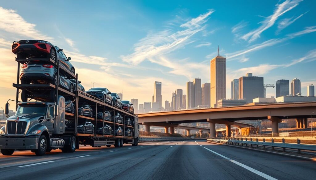 A modern auto transport truck in the foreground, filled with a diverse selection of vehicles carefully secured on multi-level racks. In the middle ground, a highway overpass with a clear blue sky and wispy clouds. The background features a cityscape with towering skyscrapers and industrial warehouses, suggesting the bustling hub of Haltom City's thriving auto transport and car shipping industry. The scene is illuminated by warm, directional lighting, casting subtle shadows and highlighting the intricate details of the transport truck and the vehicles it carries. The overall composition conveys a sense of efficiency, reliability, and the comprehensive services offered by the trusted auto transport providers in Haltom City. A modern auto transport truck in the foreground, filled with a diverse selection of vehicles carefully secured on multi-level racks. In the middle ground, a highway overpass with a clear blue sky and wispy clouds. The background features a cityscape with towering skyscrapers and industrial warehouses, suggesting the bustling hub of Haltom City's thriving auto transport and car shipping industry. The scene is illuminated by warm, directional lighting, casting subtle shadows and highlighting the intricate details of the transport truck and the vehicles it carries. The overall composition conveys a sense of efficiency, reliability, and the comprehensive services offered by the trusted auto transport providers in Haltom City.